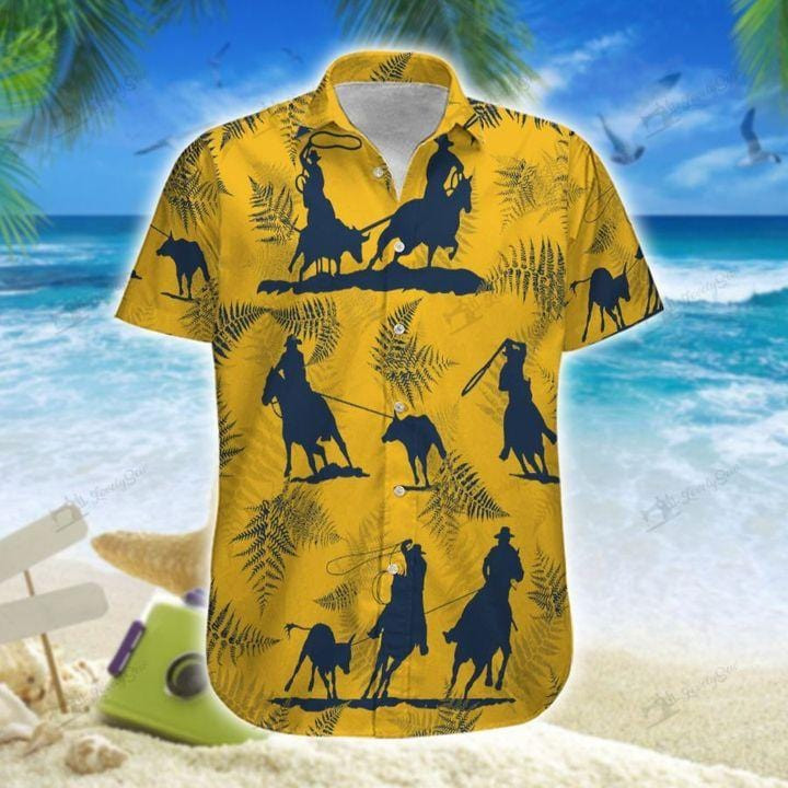 Team Roping Cowboy Yellow Unisex Hawaiian Shirts - Beach Shorts