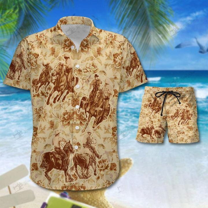 Team Roping Vintage Flower Unisex Hawaiian Shirts - Beach Shorts Kv