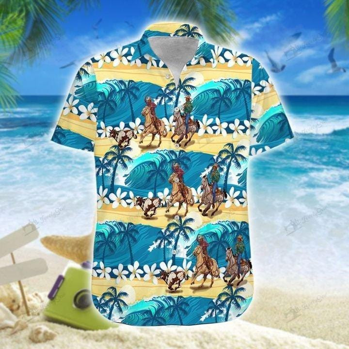 Team Roping Wave Sea Hawaiian Aloha Shirts Dh