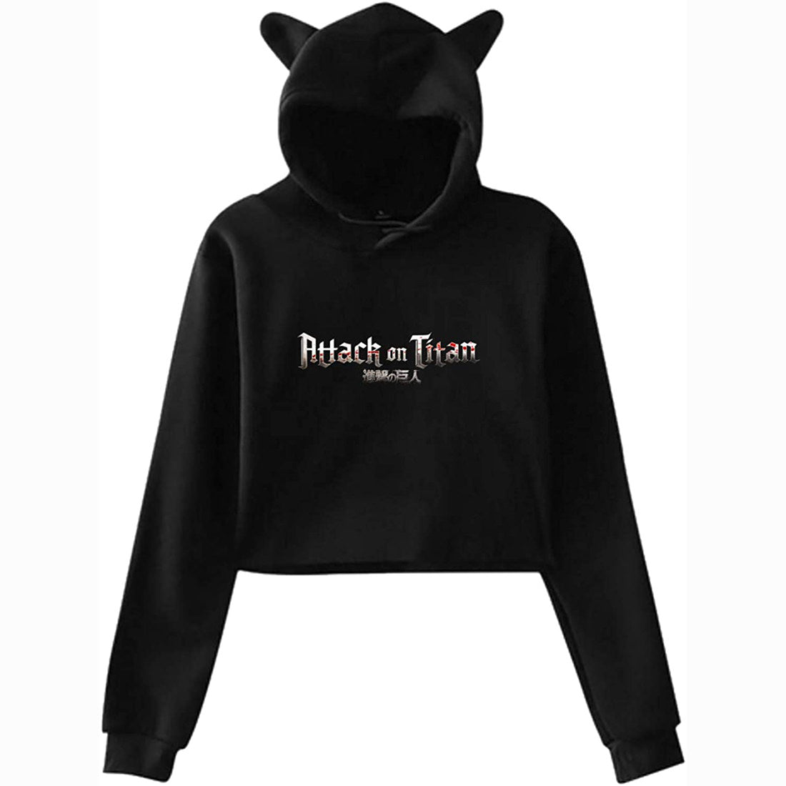 Attack On Titan Printed Woman's Soft Cat Ear Drawsting Long sleeve Crop Top Hoodie