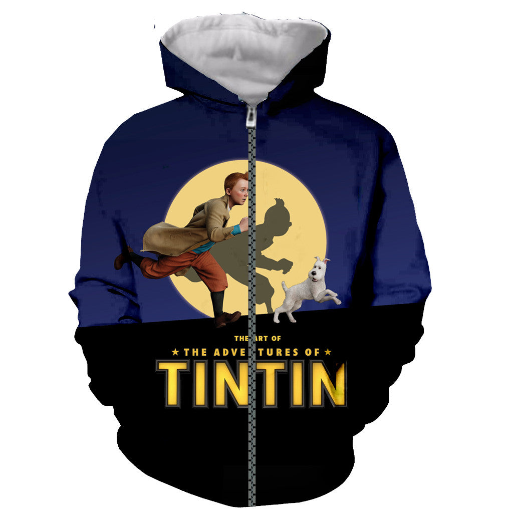 Cartoon 3D Printed The Adventures of Tintin Zip Up Hoodies