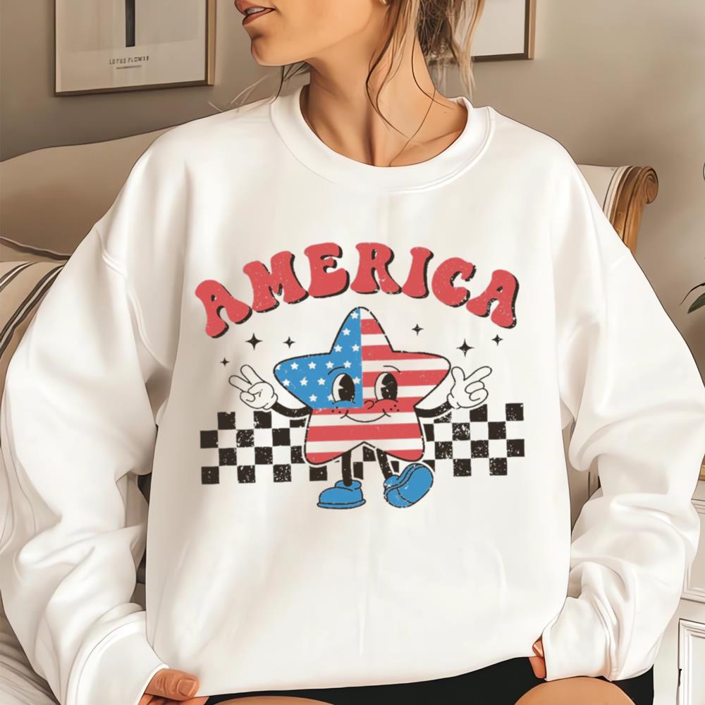 Checkered America Star Shirt, Retro Comfort America Shirt, Fireworks Shirt, Patriotic Shirt