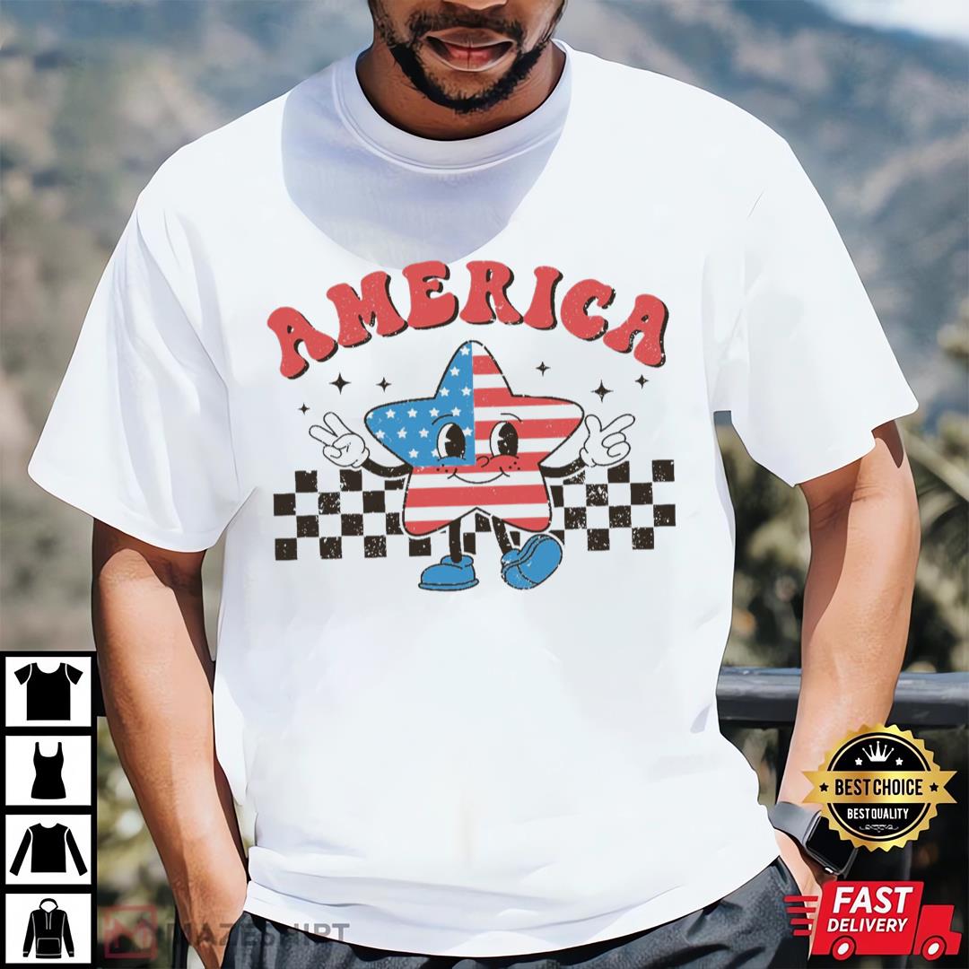 Checkered America Star Shirt, Retro Comfort America Shirt, Fireworks Shirt, Patriotic Shirt