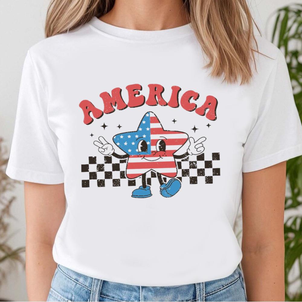 Checkered America Star Shirt, Retro Comfort America Shirt, Fireworks Shirt, Patriotic Shirt