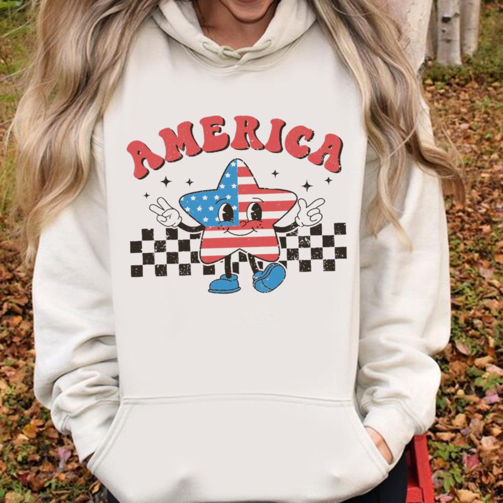 Checkered America Star Shirt, Retro Comfort America Shirt, Fireworks Shirt, Patriotic Shirt