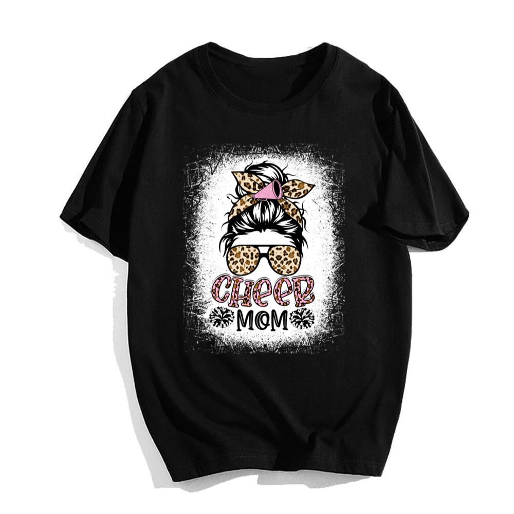 Cheer Mom Leopard Messy Bun Cheerleader Funny Mothers Day T-Shirt