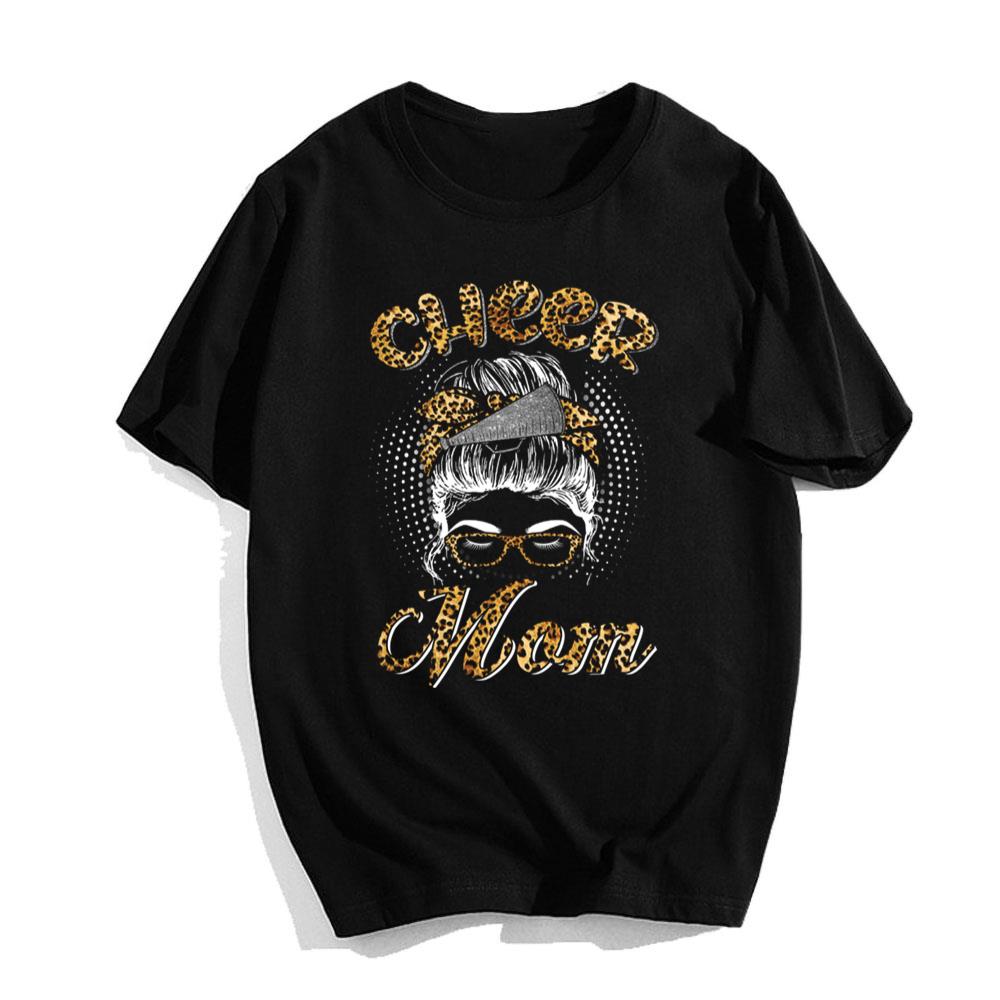 Cheer Mom Messy Hair Bun Leopard Mothers Day T-Shirt