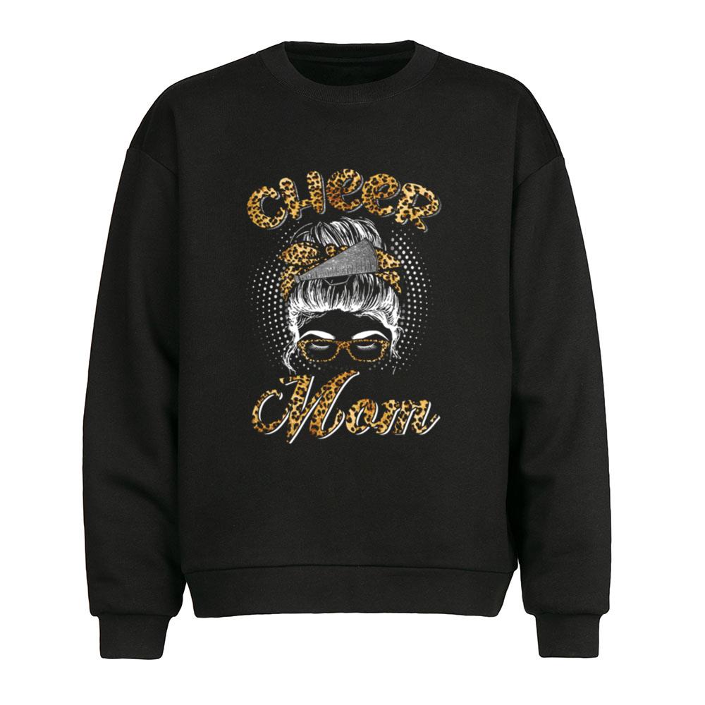 Cheer Mom Messy Hair Bun Leopard Mothers Day T-Shirt