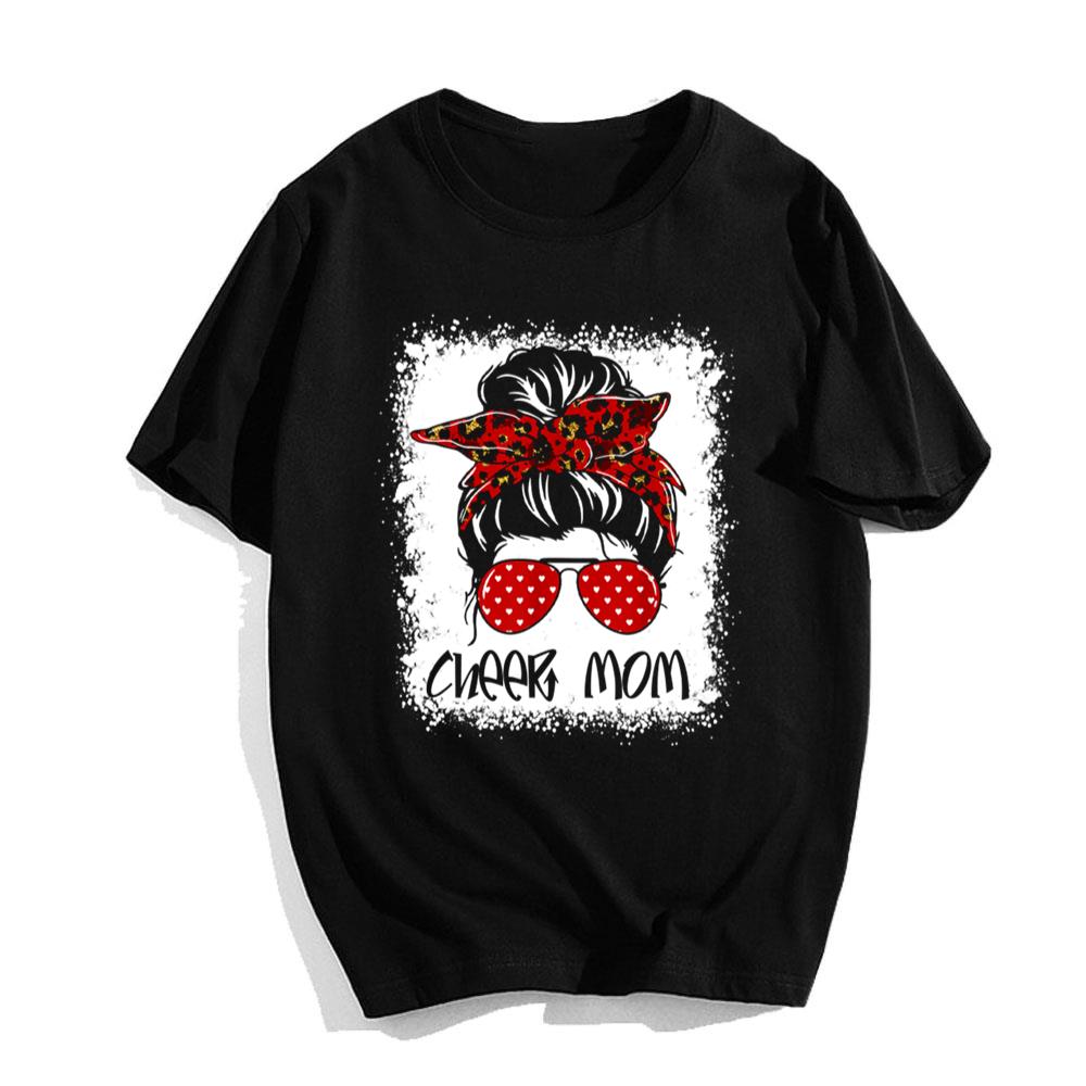 Cheer Mom Proud Cheerleading Bleached Cheer Mom Messy Bun T-Shirt