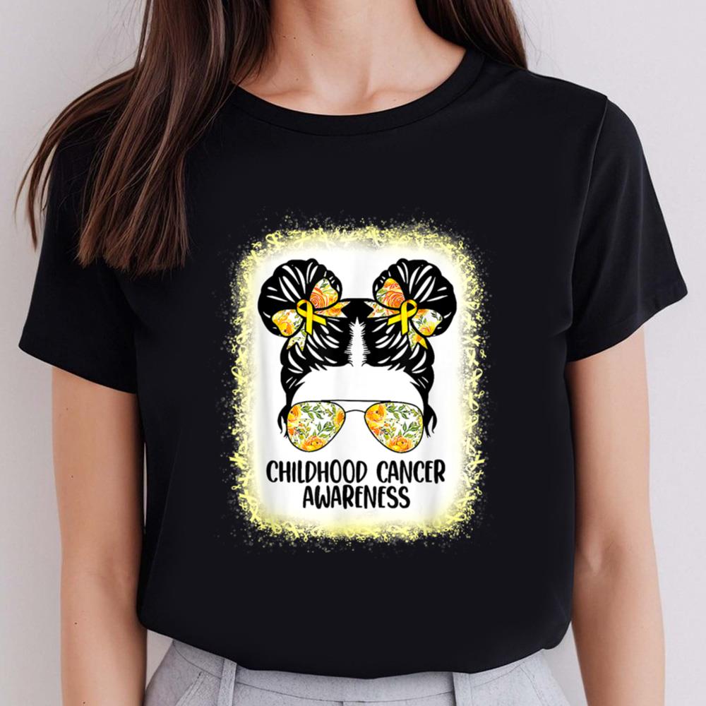 Childhood Cancer Awareness Shirts Messy Bun Gold Ribbon