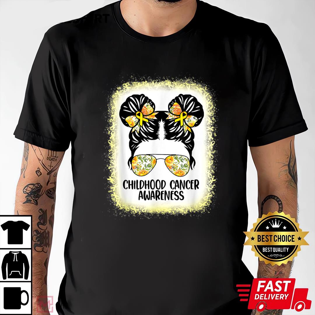 Childhood Cancer Awareness Shirts Messy Bun Gold Ribbon