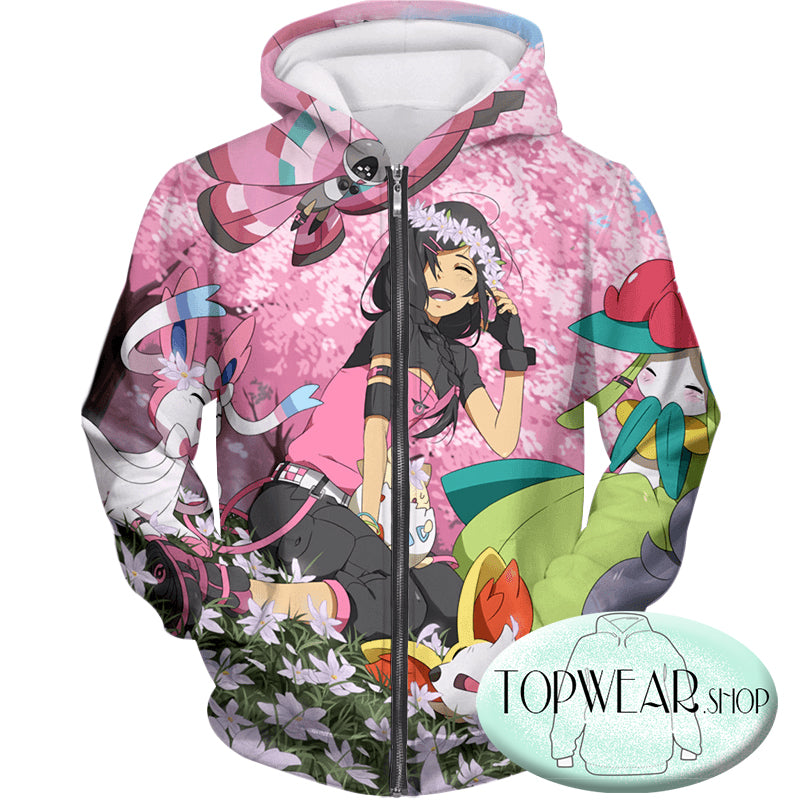 Pokemon Hoodies - Cute Girl with Pokemons Zip Up Hoodie