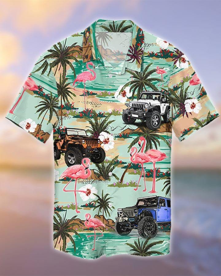 Aloha Jeep And Flamingo Tropical Unisex Hawaiian Shirts