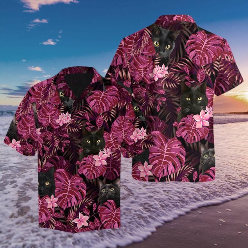 Amazing Cat Hawaii Shirt, Black Cat Hawaii Shirt, Cat Hawaiian Beach Shirt, Hawaiian Style, Gift Under 30