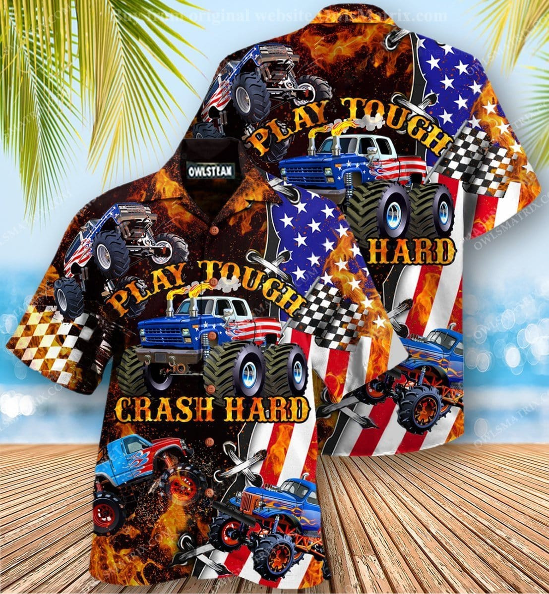 Trucker Truck Play Tough Crash Hard Hawaiian Aloha Shirts Kv