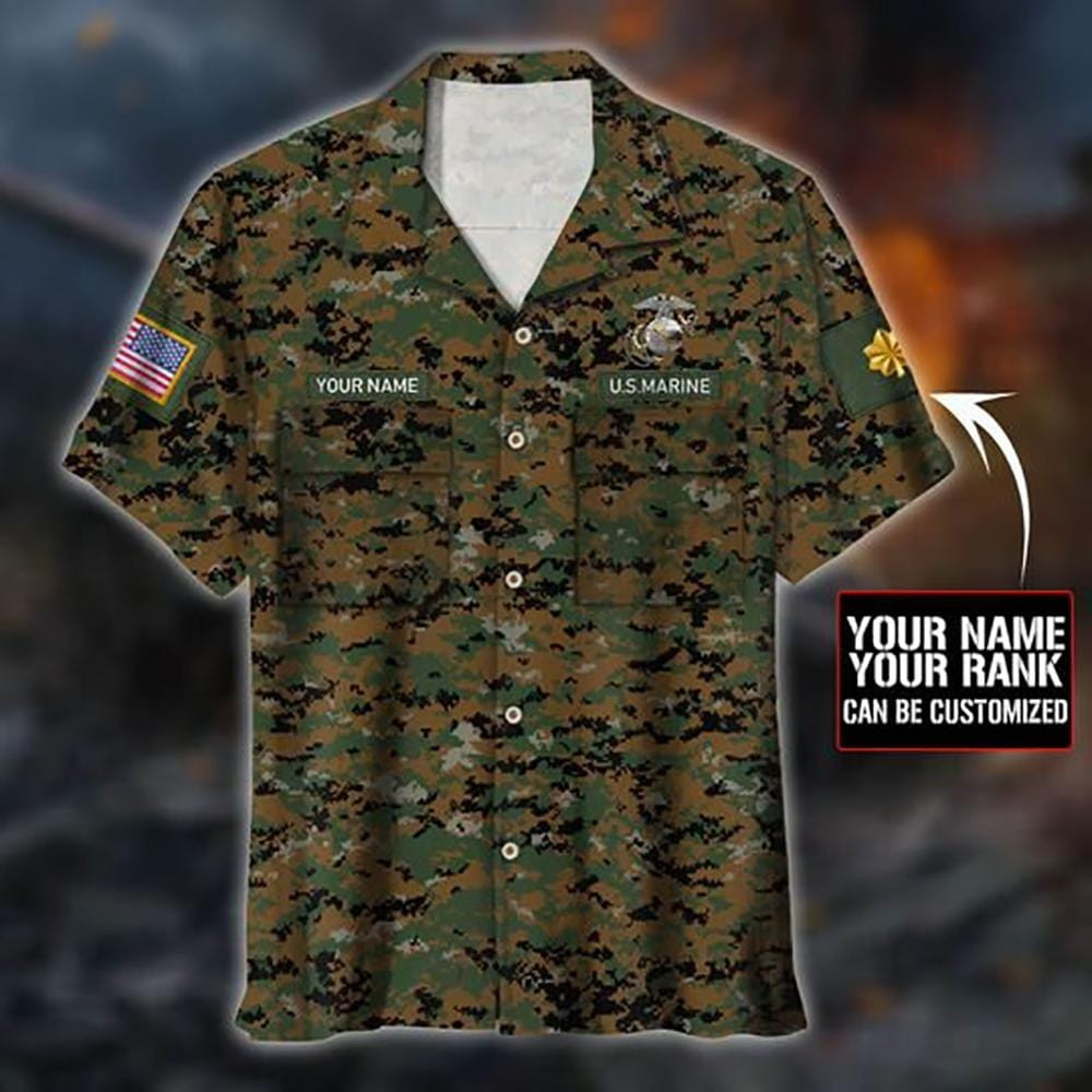Us Marine Corps Camo Custom Name  Rank Hawaiian Aloha Shirts - Beach Shorts Kv