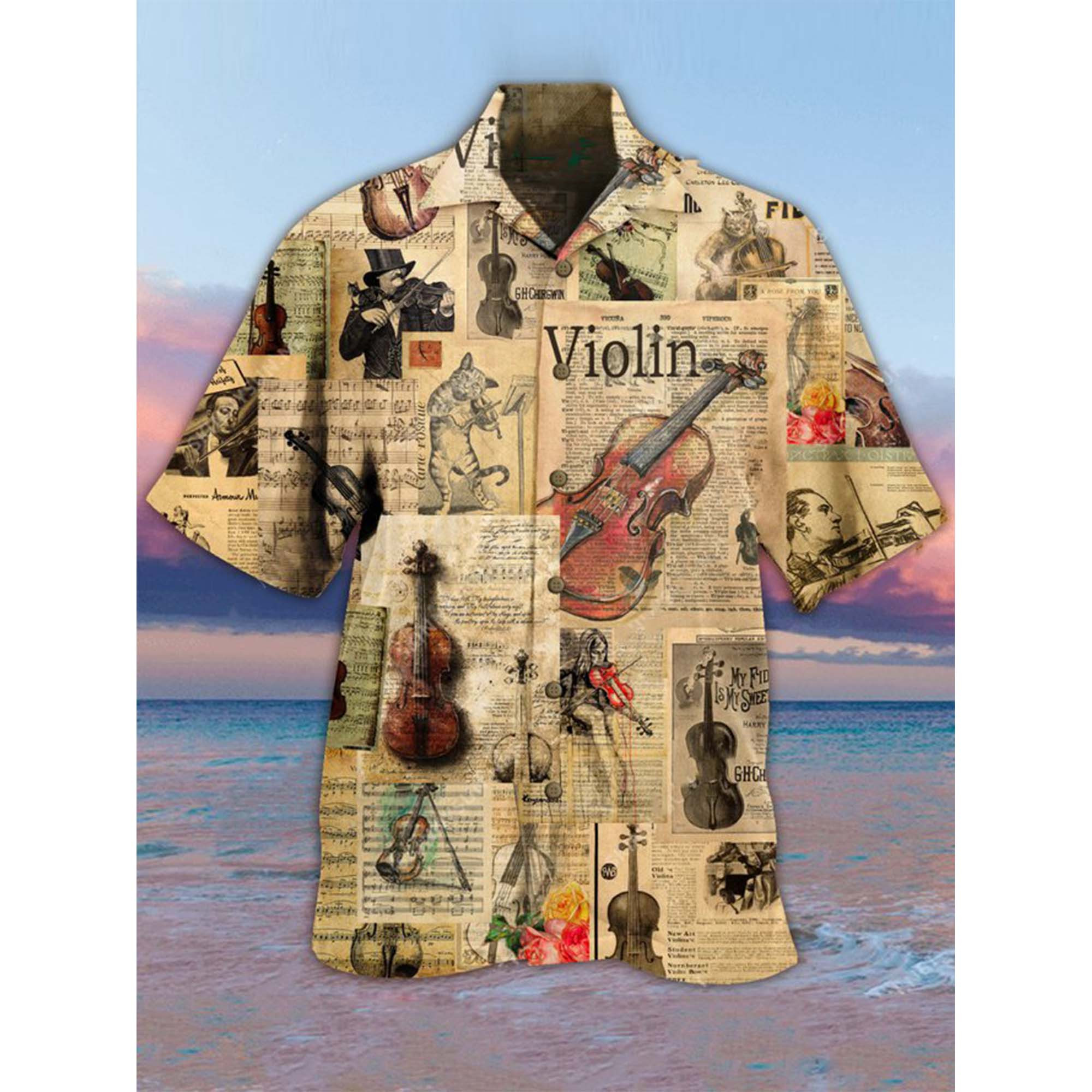Vintage Cats Playing Violin Hawaiian Aloha Shirts For Cat Lovers Dh