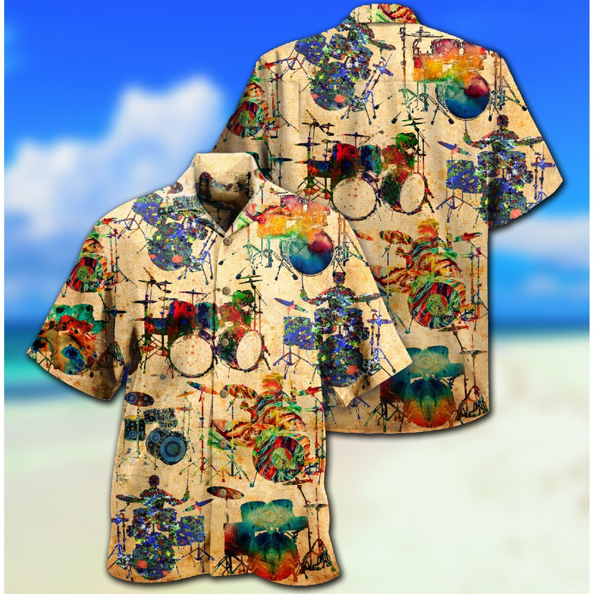 Vintage Music Love Colorful Drums Hawaiian Aloha Shirts Dh