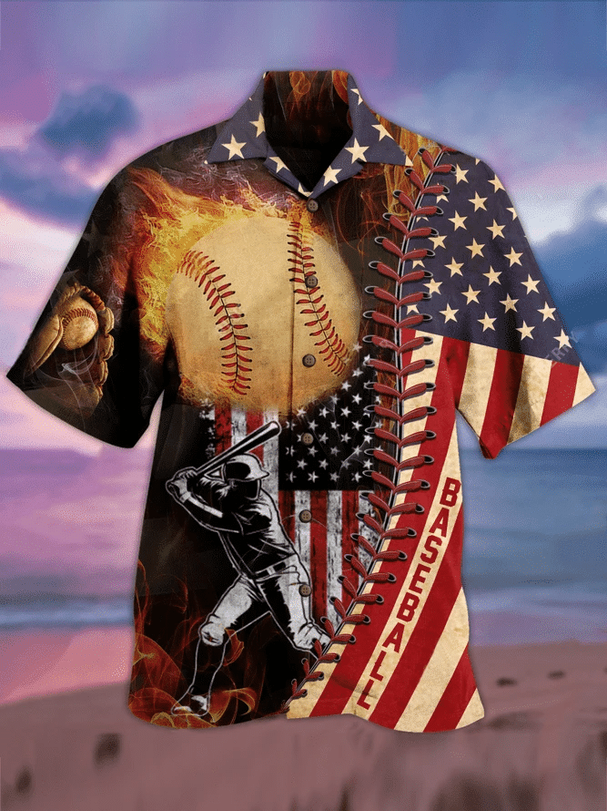 Vintage Us Flag Baseball Player Hawaiian Aloha Shirts Dh