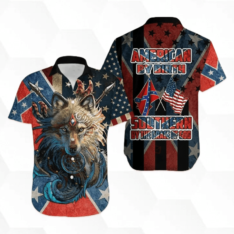 Wolf American By Birth Hawaiian Aloha Shirt Va