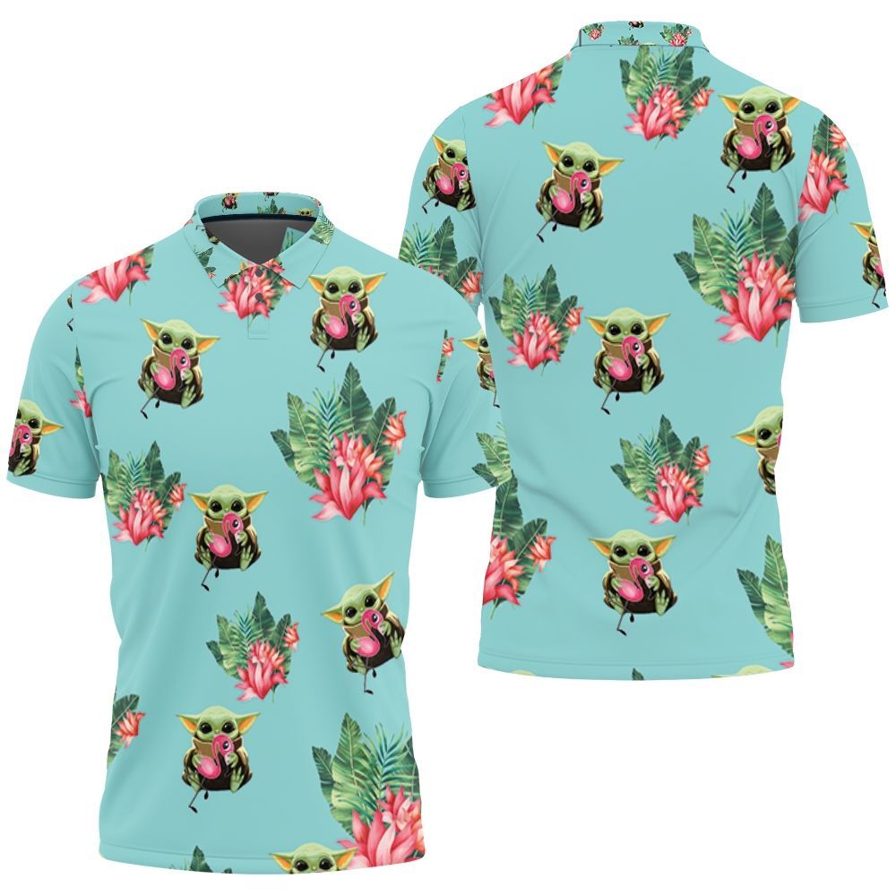 Baby Yoda Hugging Flamingos Seamless Tropical Leaves Lotuses On Teal Polo 3d Shirt All Over Print