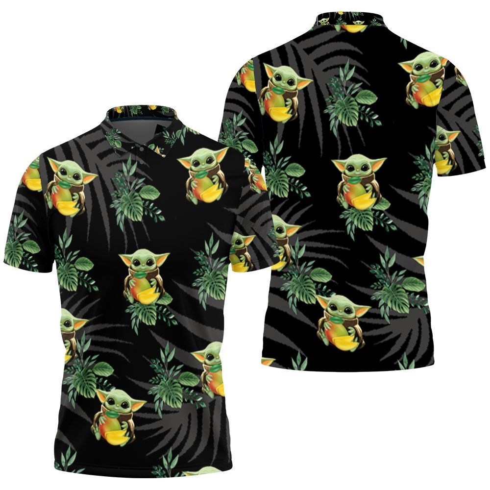 Baby Yoda Hugging Kiwis Seamless Tropical Green Leaves On Black Polo 3d Shirt All Over Print
