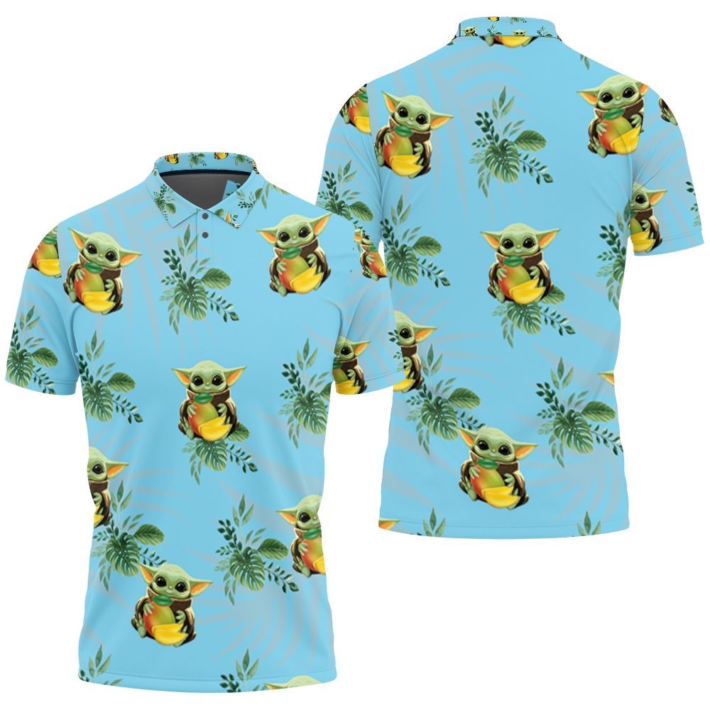 Baby Yoda Hugging Peaches Seamless Tropical Green Leaves On Teal Polo 3d Shirt All Over Print