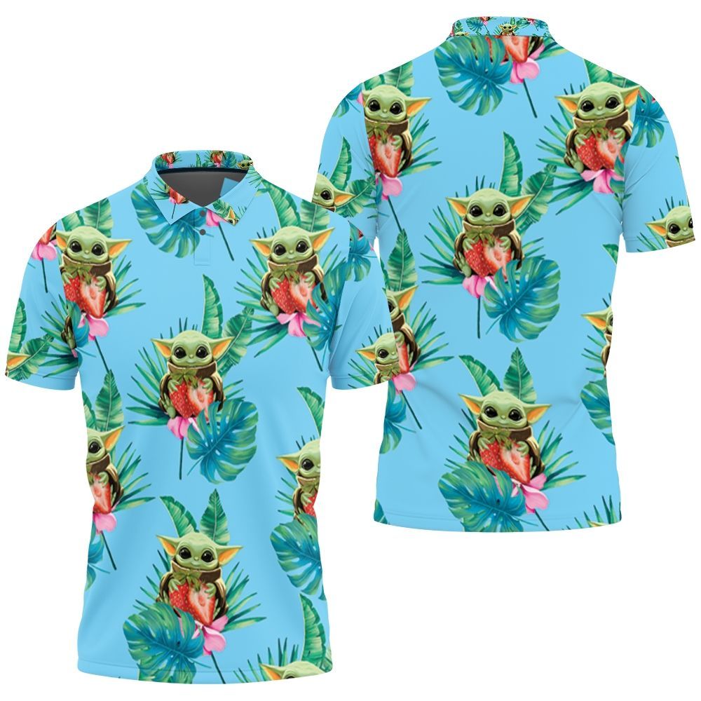 Baby Yoda Hugging Strawberries Seamless Tropical Green Leaves On Teal Polo Shirt All Over Print Shirt 3d T-shirt