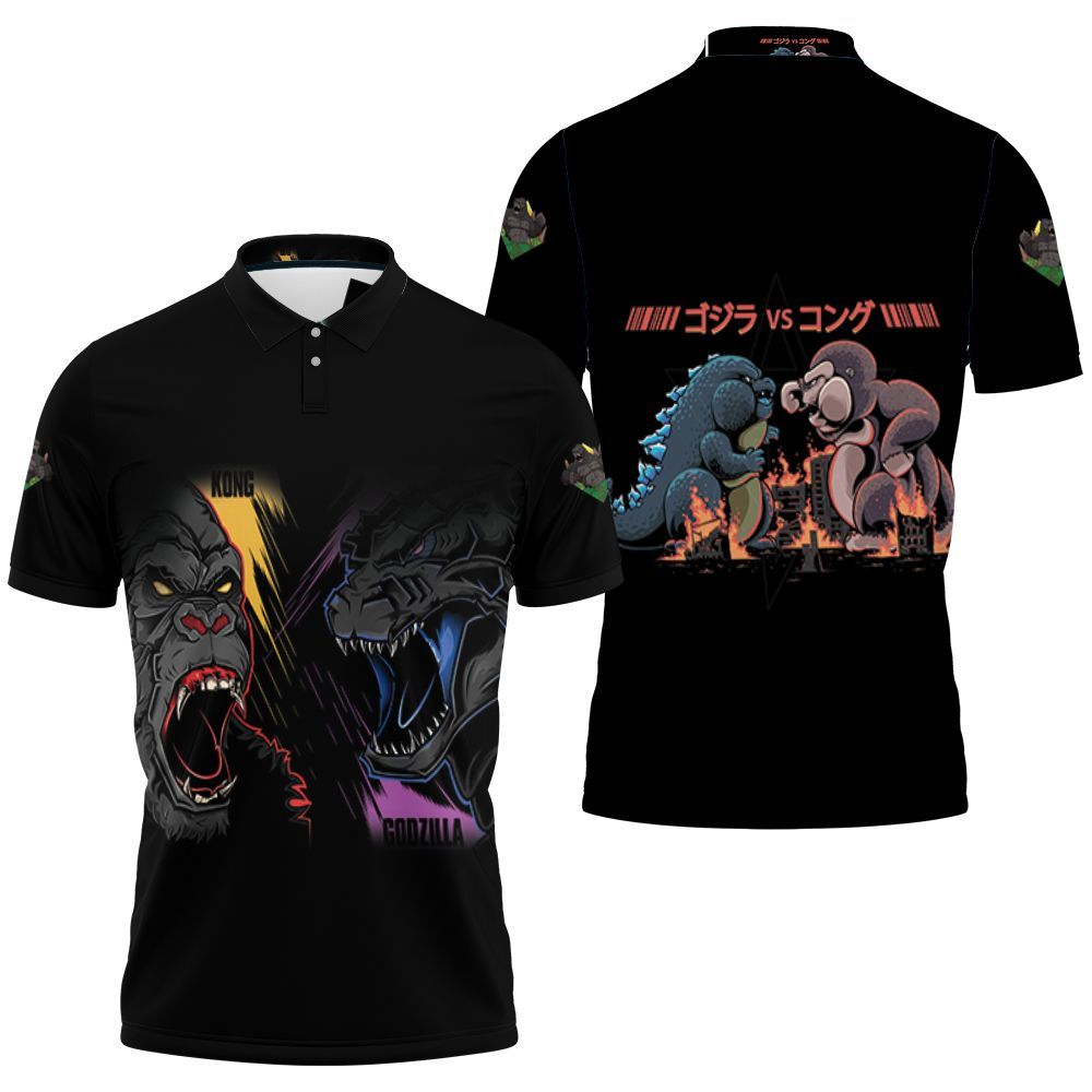 Kong Vs Godzilla Face To Face Battle Painting Godzilla Vs Kong Polo Shirt All Over Print Shirt 3d T-shirt