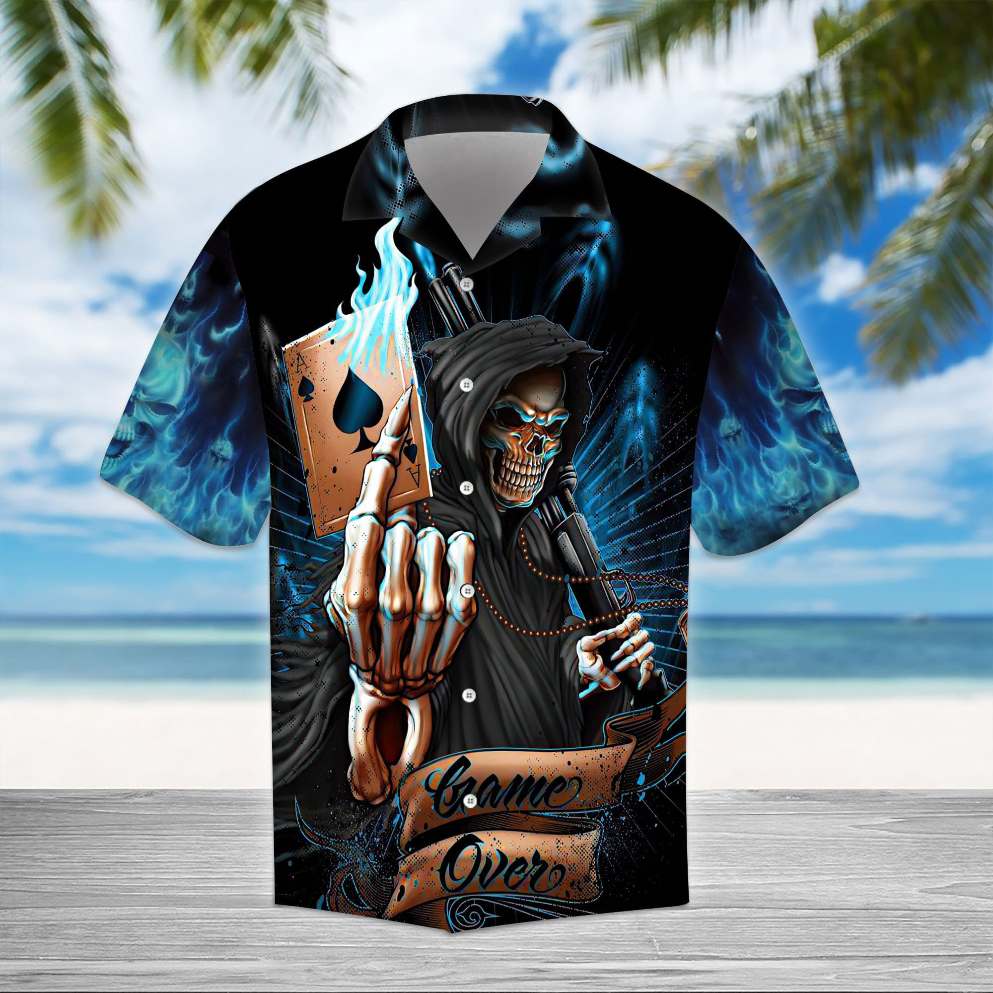 Ace Grim Reaper Blue Flame Skull Gothic Hawaiian Aloha Shirts Kv