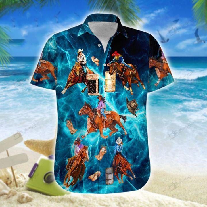 Barrel Racing Horse Girl Blue Unisex Hawaiian Shirts - Beach Shorts