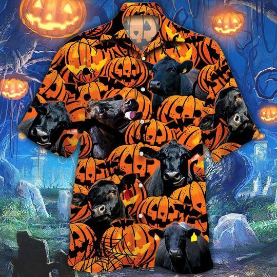 Black Angus Cattle Halloween Pumpkin Hawaiian Shirt  For Men _amp Women  Adult  Hw8618