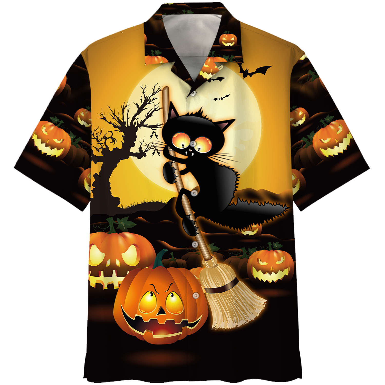 Black Cat Broom Sweep Halloween Hawaiian Shirt  For Men _amp Women  Adult  Hw8861