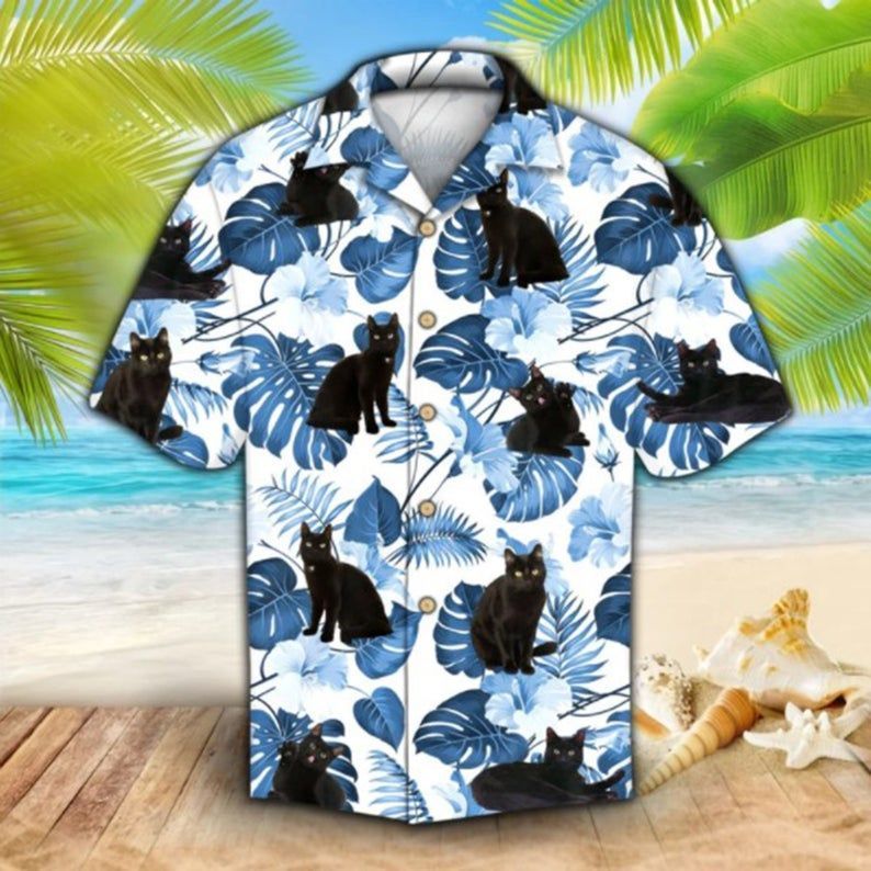 Black Cat Hawaii Shirt, Cat Hawaiian Beach Shirt, Hawaiian Style, Gift For Friend