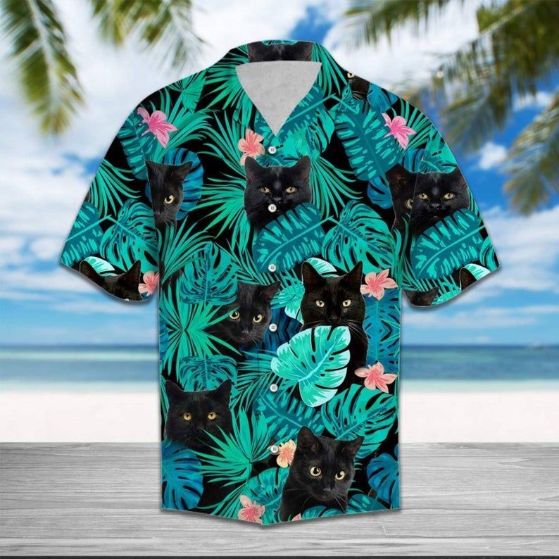 Black Cat Hawaii Shirt, Cat Hawaiian Beach Shirt, Hawaiian Style, Gift Under 30
