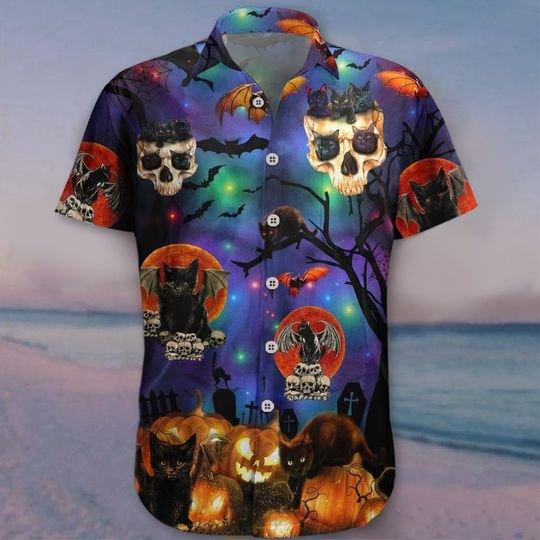 Black Cat Skull Halloween Hawaiian Shirt  For Men _amp Women  Adult  Hw9002