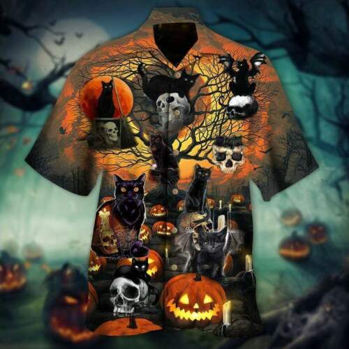 Black Cat Skull Halloween Hawaiian Shirt For Men _amp Women Adult Hw9200