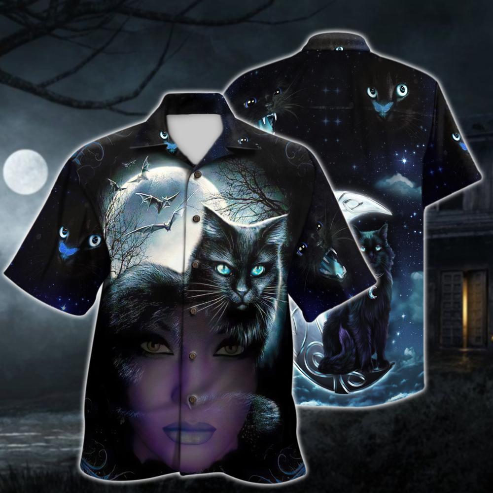 Black Cat Witch Purple Halloween Hawaiian Shirt  For Men _amp Women  Adult  Hw9070