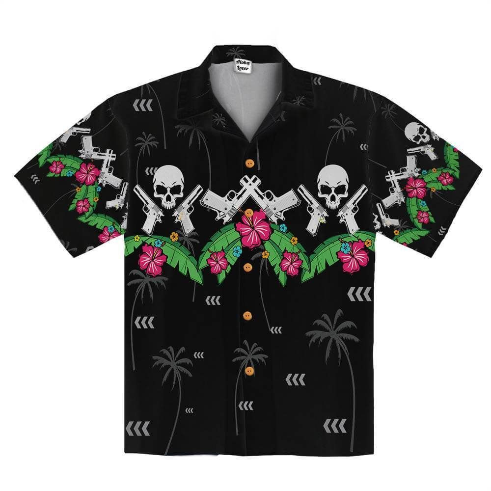 Black Skull And Short Gun Unisex Hawaiian Shirts