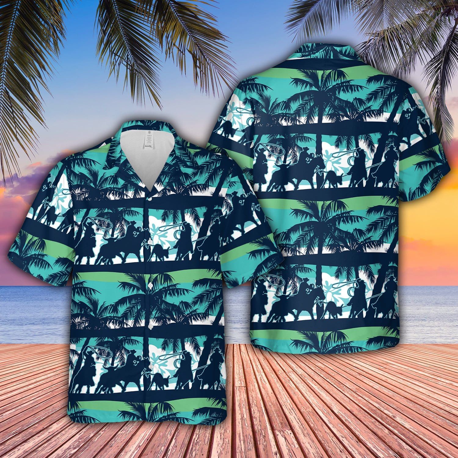 Blue Team Roping Coconut Tree Summer Vibe Unisex Hawaiian Shirts - Beach Shorts