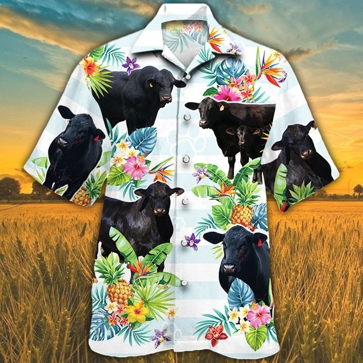 Brangus Cattle Lovers Tropical Flower Hawaiian Shirt White Brahman Angus Hawaii Shirt Cattle Lovers Hawaiian Shirt
