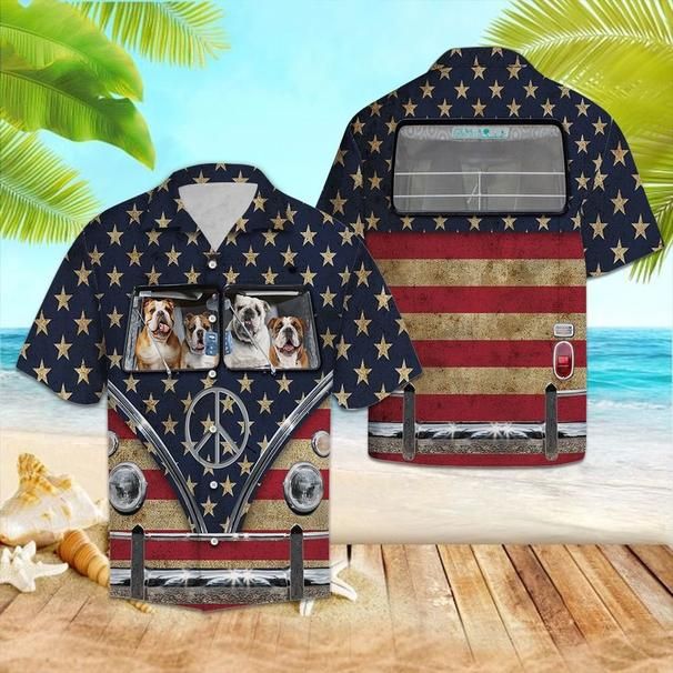 Bulldog Flag Hippie Bus  Hawaiian Shirt  Unisex  Adult  Hw5076