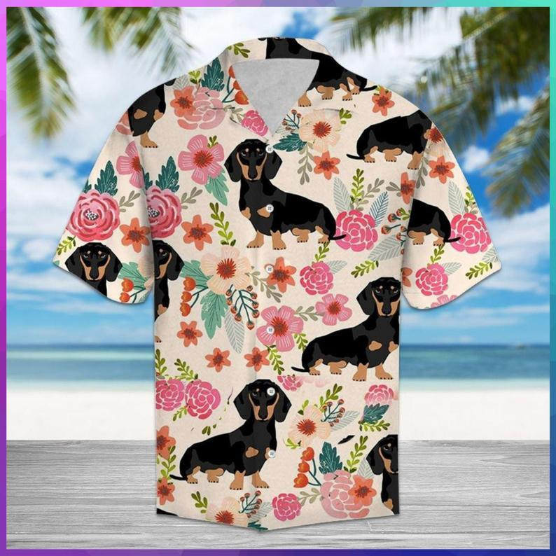 Colorful Dachshund Flower  Shortslevee Hawaiian Aloha Shirt