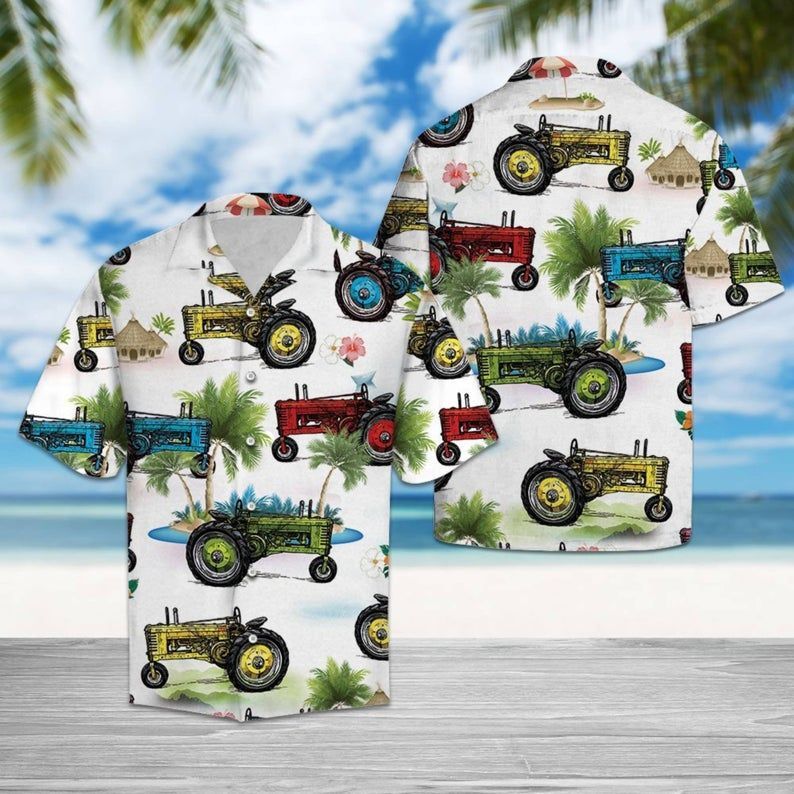 Colorful Tractor Hawaii Shirt, Tractor Hawaiian Beach Shirt, Hawaiian Style, Gift Under 30