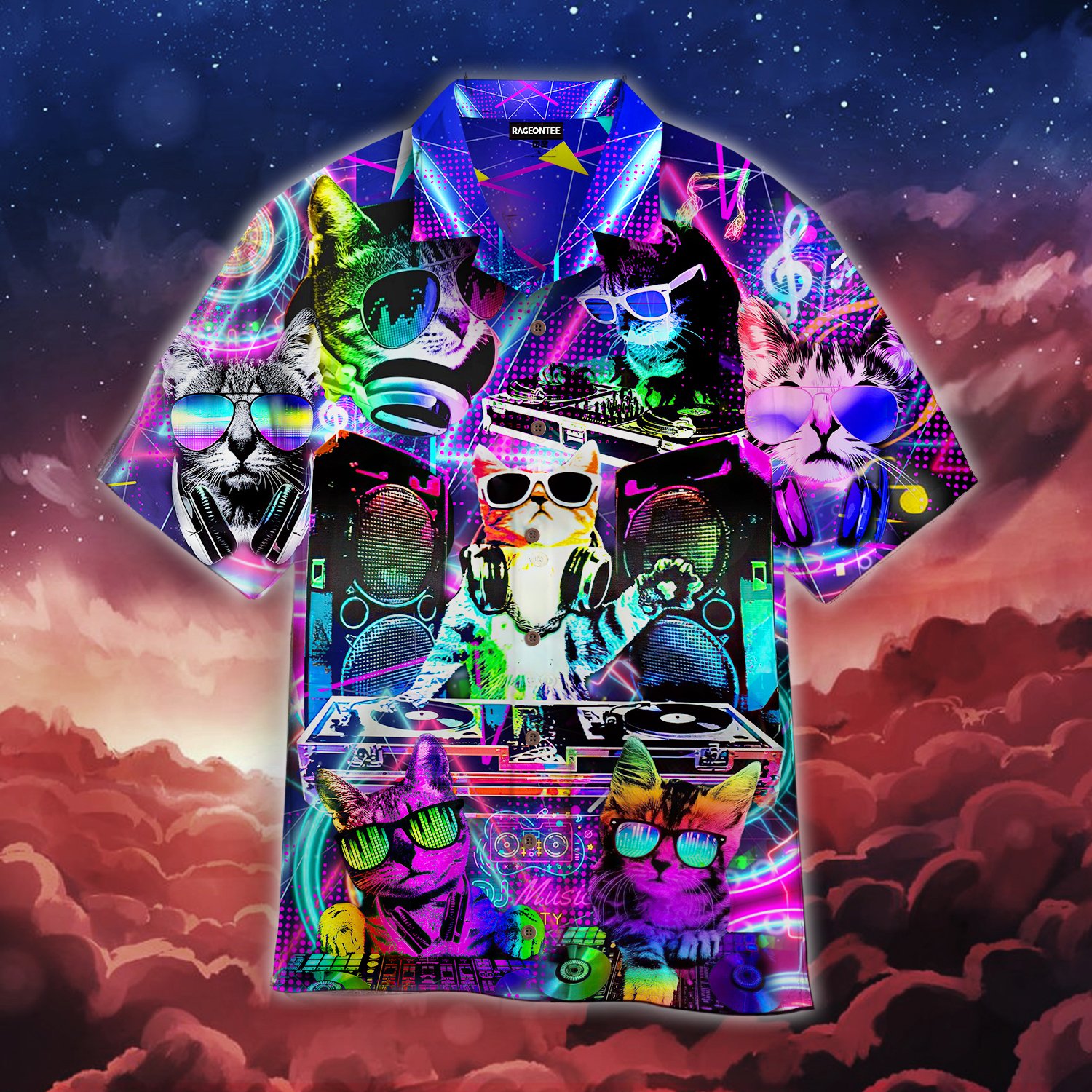 Cool Neon Dj Kitty Cat Hawaiian Shirt For Men _amp Women Adult Wt1208