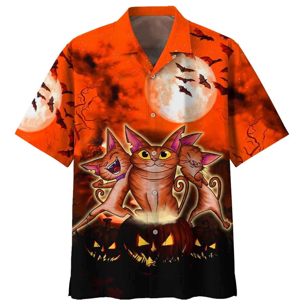 Crazy Cat And Pumkin Halloween Hawaiian Shirt  For Men _amp Women  Adult  Hw9304