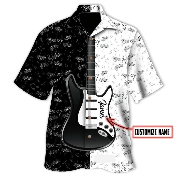 Custom Name Black  White Guitar Unisex Hawaiian Shirts