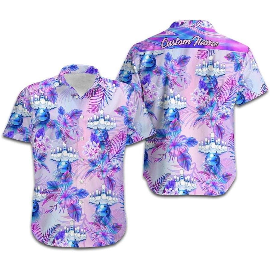 Custom Name Hawaiian Aloha Shirts Bowling Holographic Tropical Flowers
