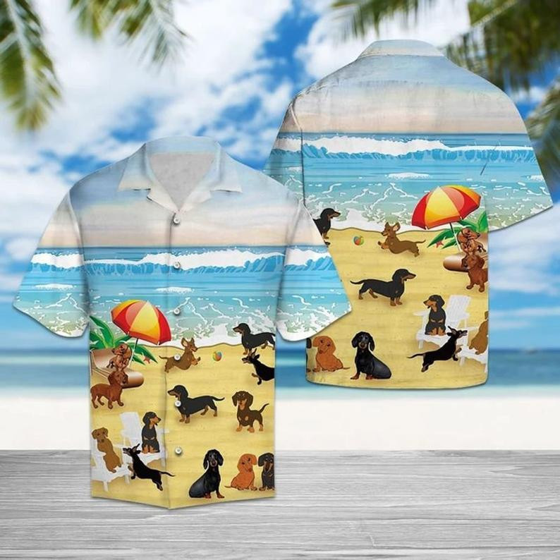 Dachshund Playing By The Beach Hawaiian Shirt