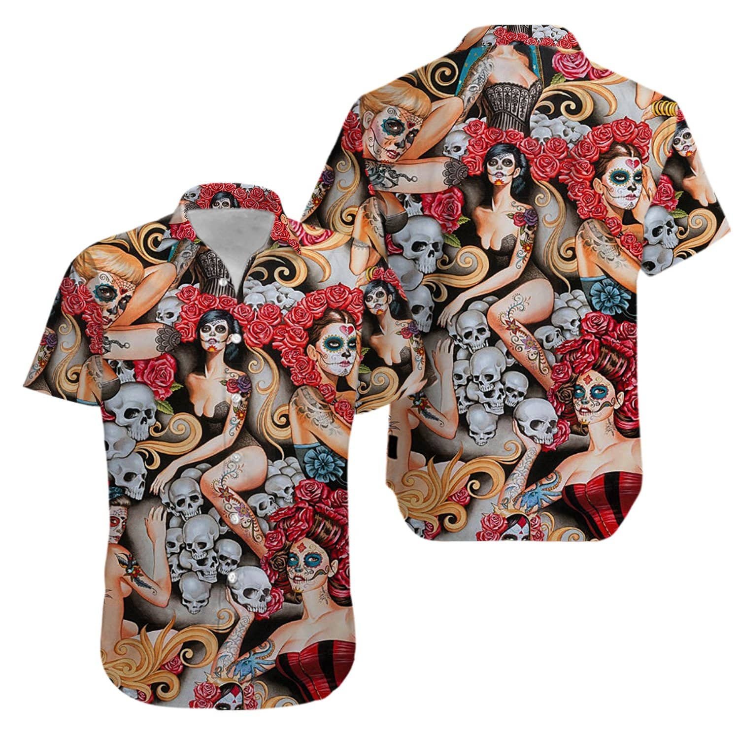 Day Of The Dead Tattooed Girls Hawaiian Shirts Kv